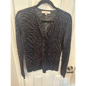 Ann Taylor LOFT Cardigan Purple Black Zebra Print Ramie Rayon Knit Sweater